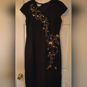 Maggy London Black Midi Dress with Orange Floral Embroidery
